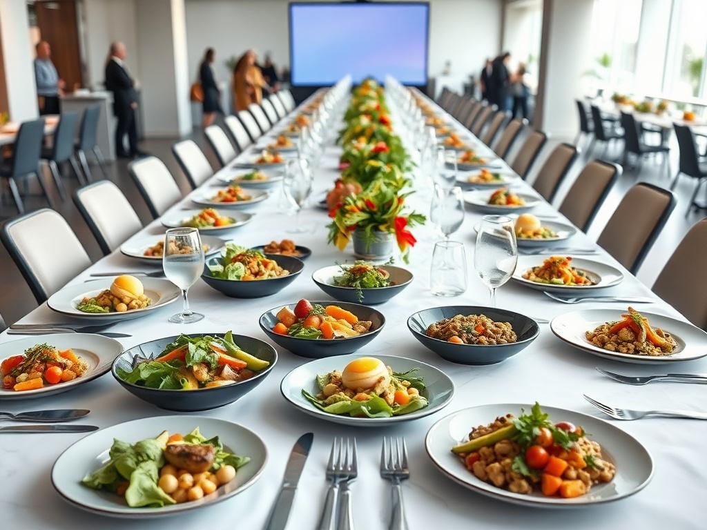 Professional dining table setup with plant-based gourmet meals at a large conference, stylish presentation, colorful dishes, minimal carbon footprint