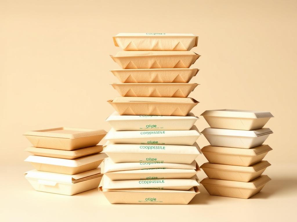 Stacks of compostable and biodegradable food packaging, neutral tones, clean background, showcasing eco-friendly materials