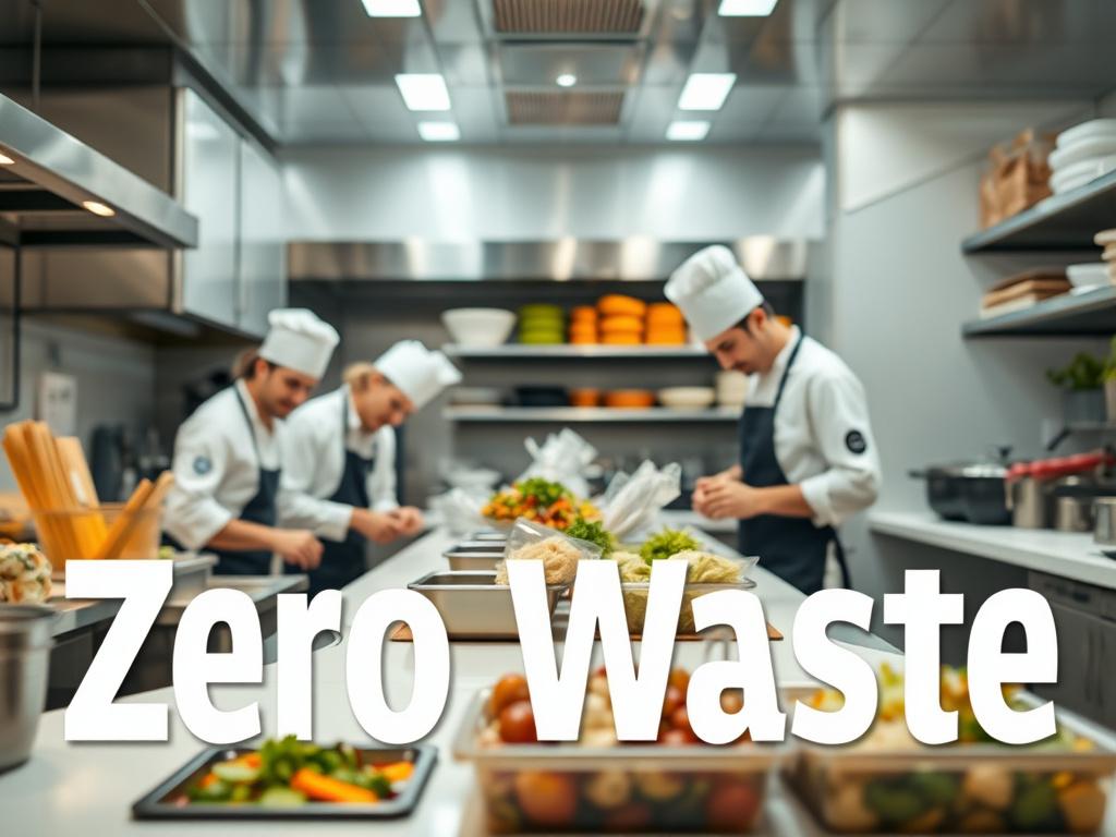 High quality image of a zero-waste kitchen with chefs composting food scraps, gleaming kitchen interior, professional look, eco-friendly focus