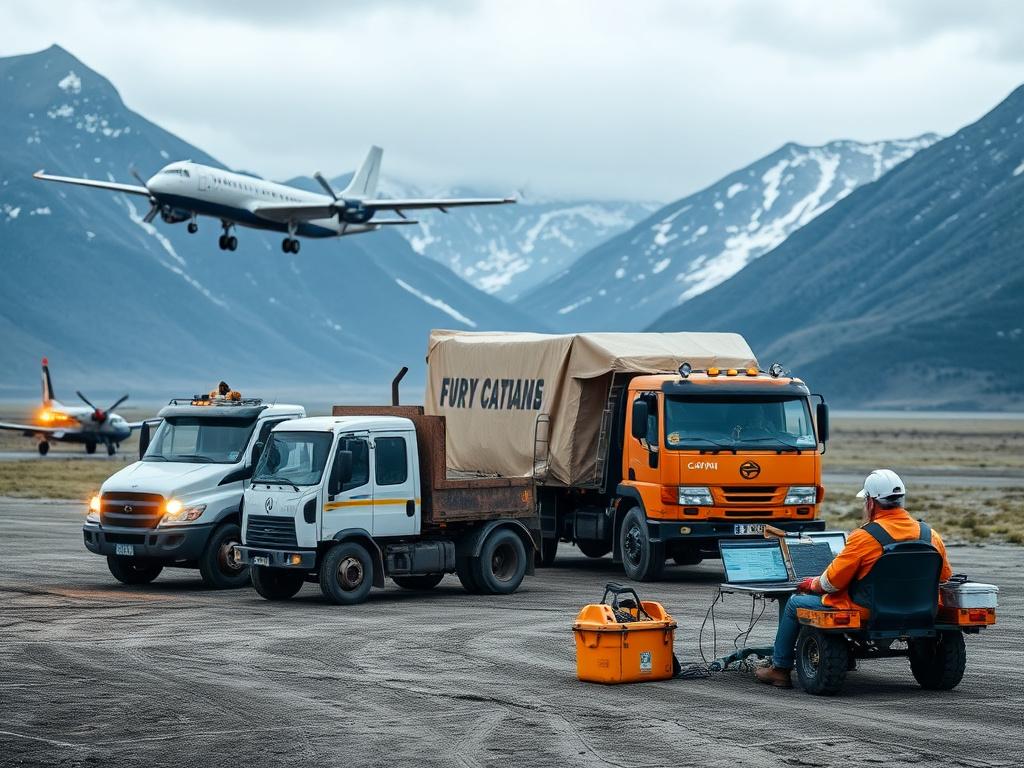Advanced logistics planning for a remote camp catering service, showing transport vehicles like bush planes and trucks, along with supply chain managers coordinating routes on laptops