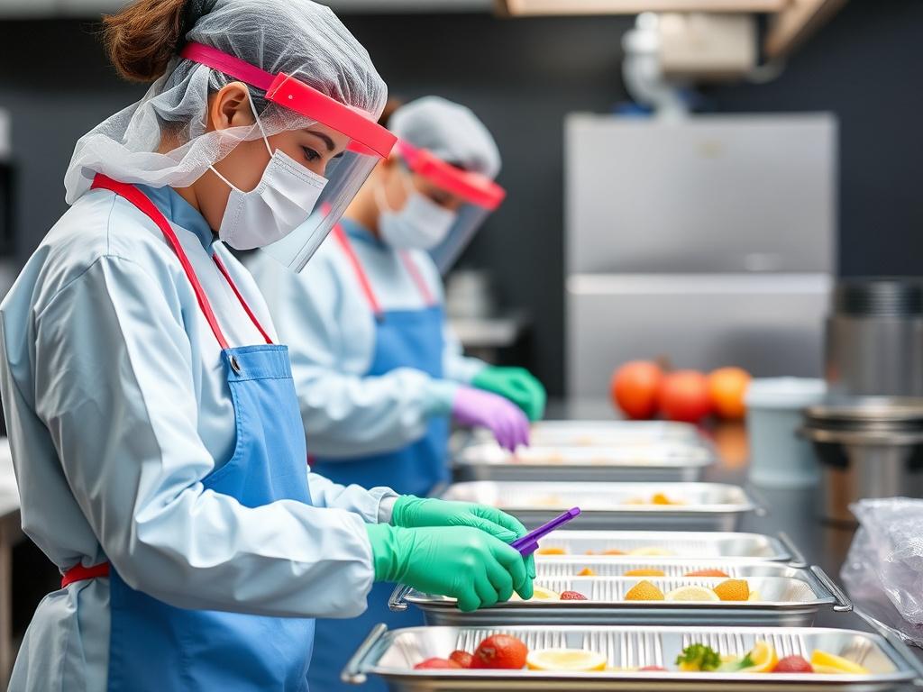 Catering team implementing strict health protocols, using temperature checks, color-coded tools, and protective gear, highlighting commitment to health and food safety