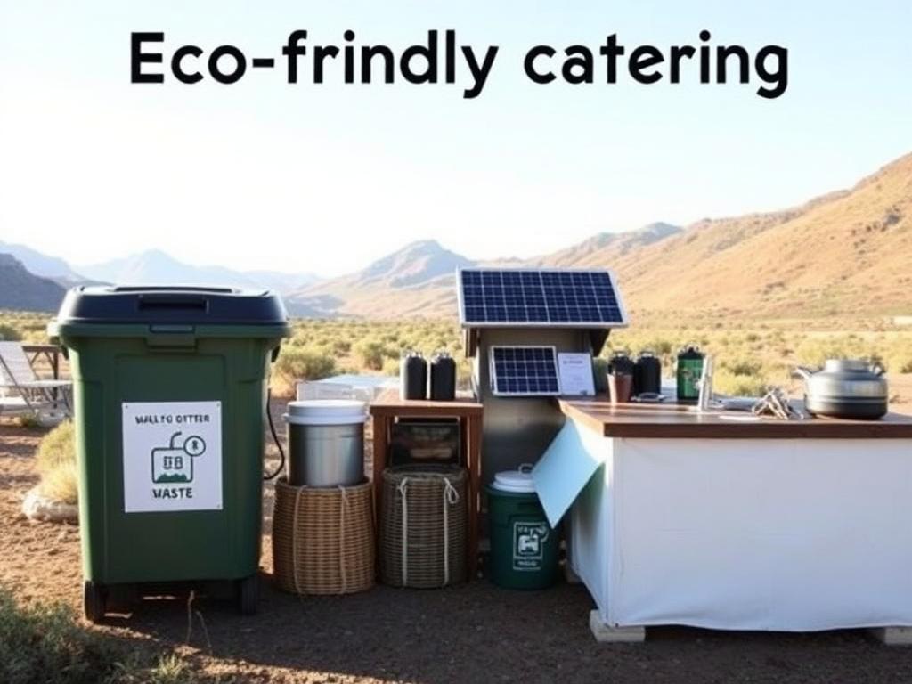 Eco-friendly catering practices, including composting bins, solar-powered kitchens, and wildlife-safe waste storage in a remote setting, promoting sustainability