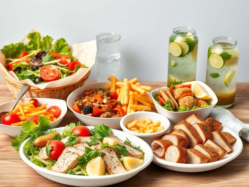 High-quality, nutritious catering meals designed to support physical labor, depicting fresh salads, proteins, hydrating beverages, colorful and appetizing, emphasizing nutritional balance