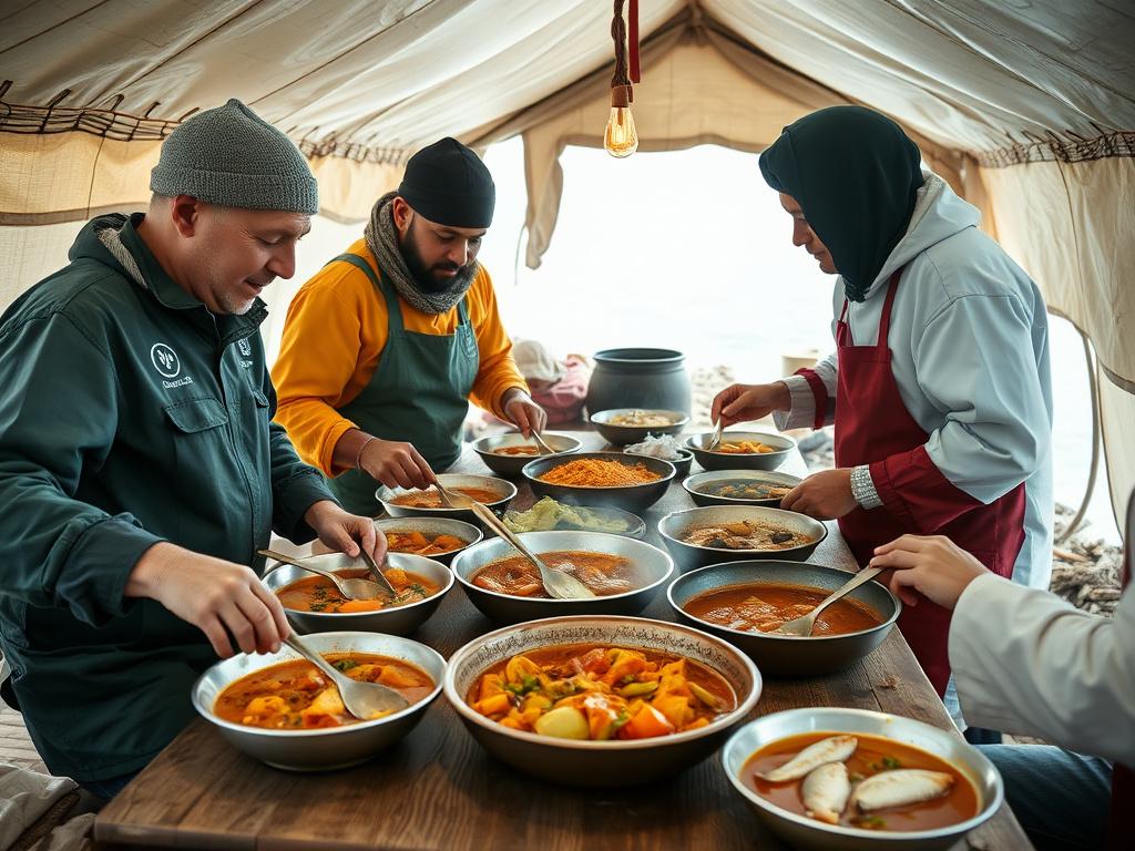 Locally-inspired meals being served in a remote camp, featuring traditional recipes and ingredients, like stews and fish dishes, with chefs and local advisors engaging together, capturing cultural integration
