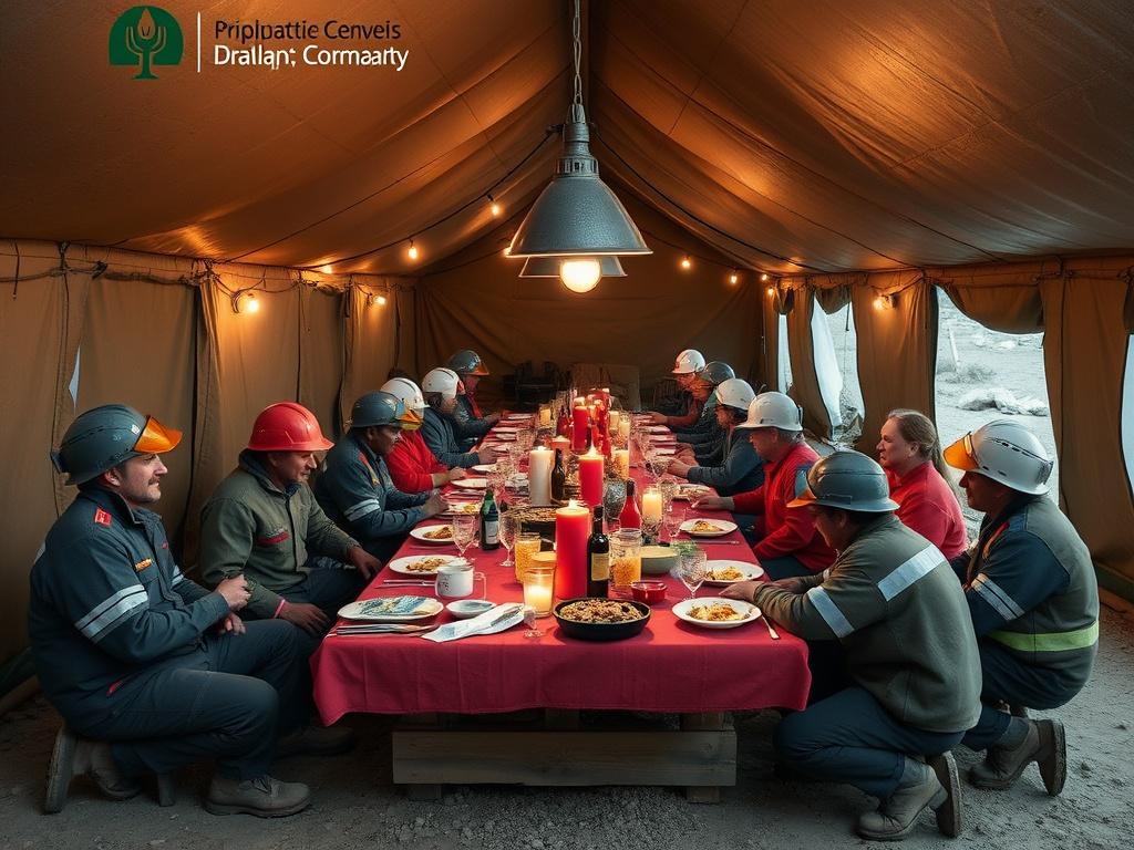Remote camp dining scenes with workers sharing meals, themed dining nights, and engaged in social activities, capturing community spirit and team bonding