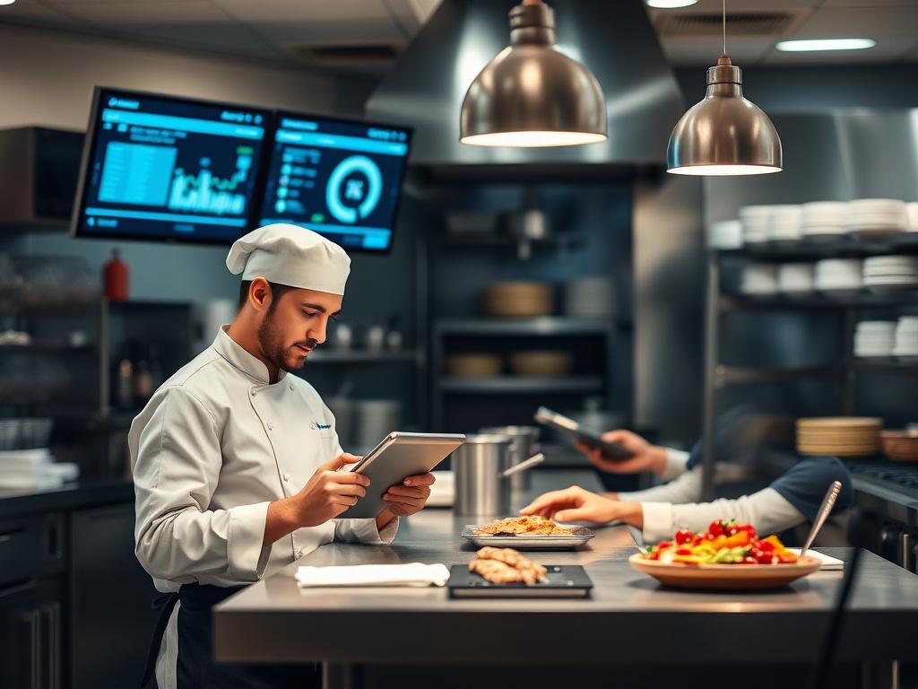 Technology in remote catering: digital kitchen systems, IoT sensors, and inventory dashboards, depicting chefs and staff using tablets and monitors in kitchen settings