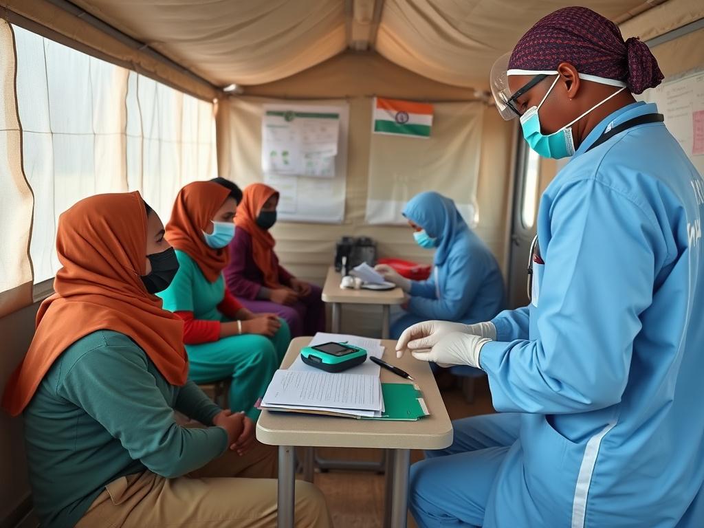 A high-resolution image showing a team of trained medical professionals performing health checks in a well-equipped mobile medical clinic in a remote camp environment.