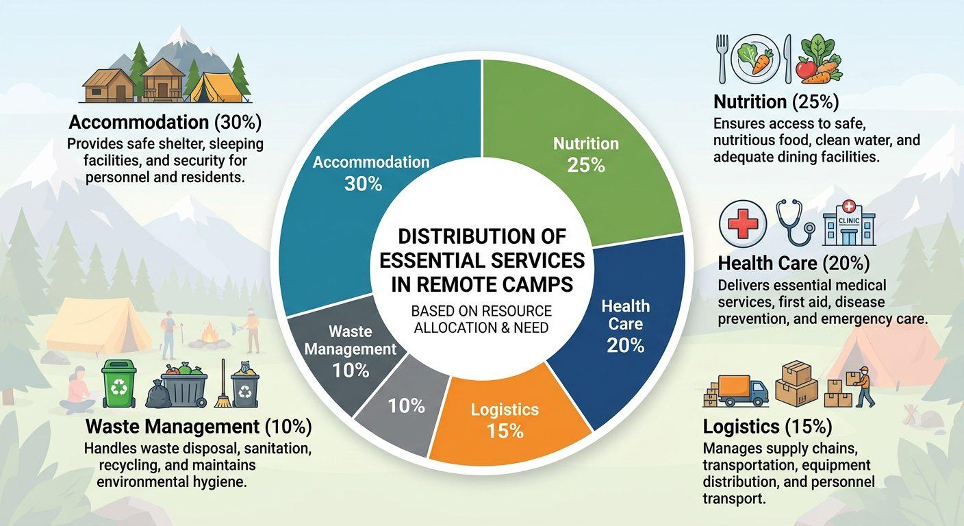 Pie chart illustrating the distribution of essential services in remote camps: Accommodation 30%, Nutrition 25%, Health Care 20%, Logistics 15%, Waste Management 10%. Use a professional color palette with clear labels for each segment.