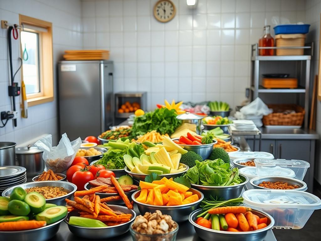 A vibrant, professional image of a diverse array of healthy, balanced meals being prepared in a clean, organized kitchen setting, highlighting the importance of nutrition in remote camps.