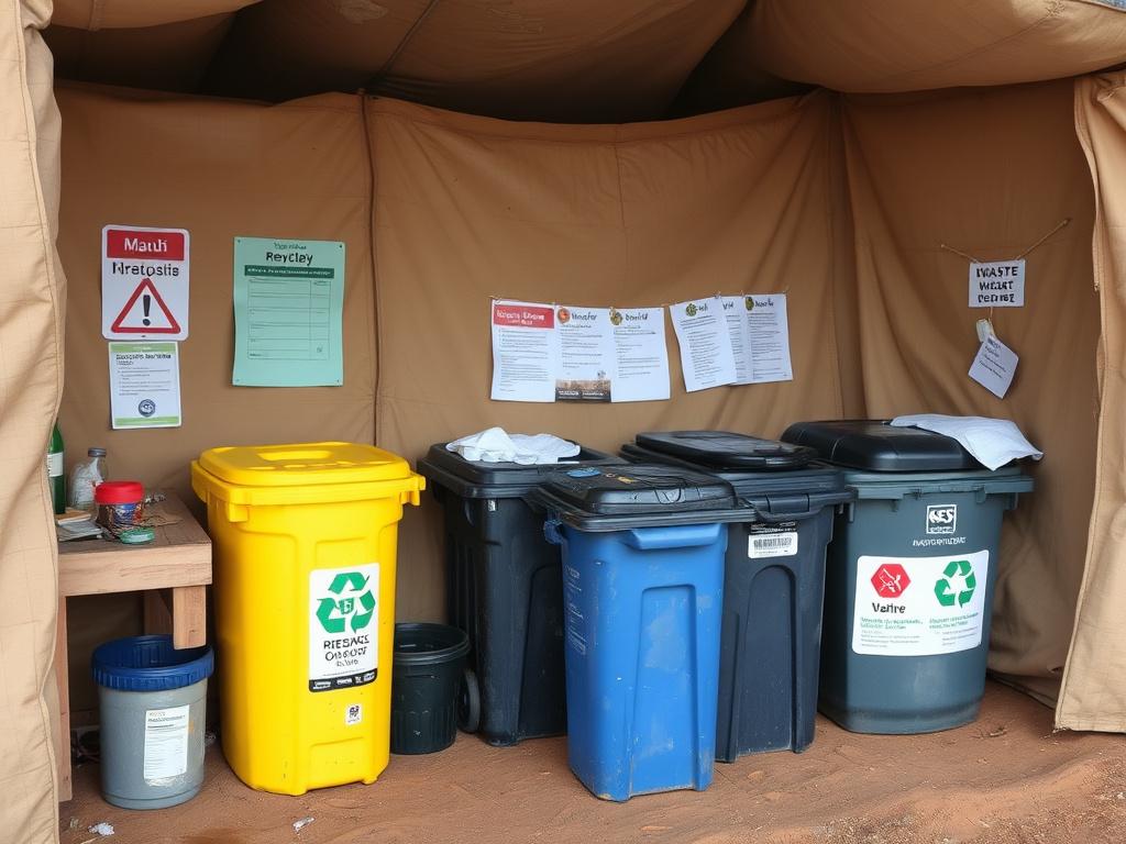Detailed photo of waste management practices in a remote camp, including sorting stations, recycling bins, and safety protocols for handling waste.