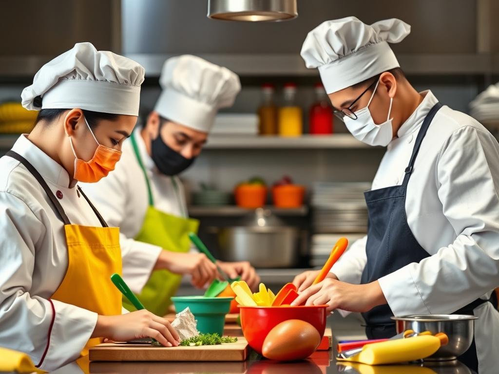 Chefs using color-coded kitchen tools in a professional setting, illustrating best practices to avoid cross-contamination, detailed, vibrant colors