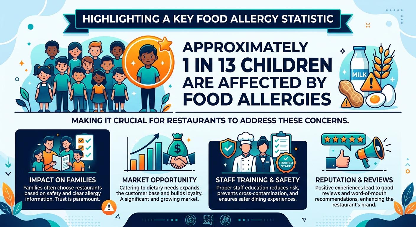 Highlighting a significant statistic about food allergies: 'Approximately 1 in 13 children are affected by food allergies, making it crucial for restaurants to address these concerns.' Include supporting context to emphasize the relevance of this statistic in the restaurant industry. Use a bold font with a clean, professional design and contrasting colors for emphasis.