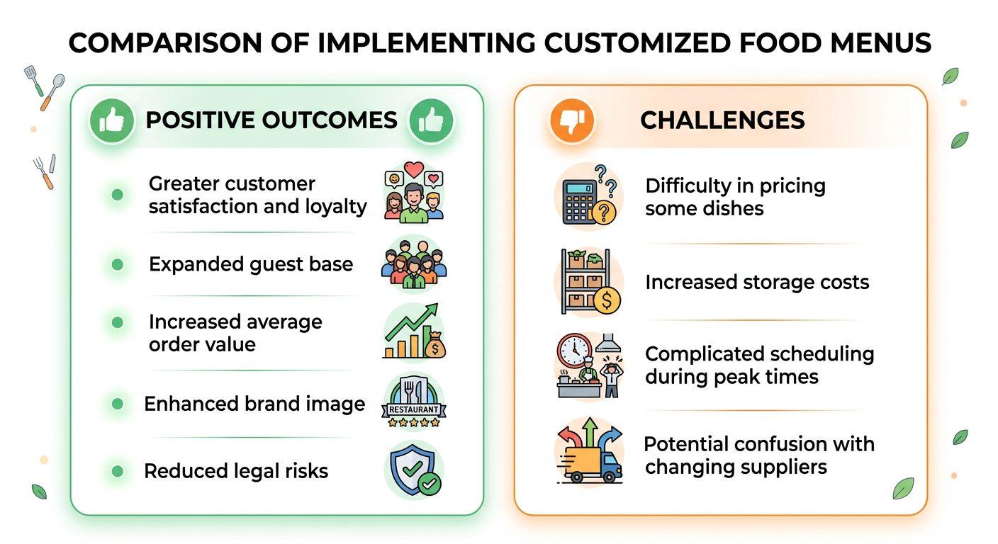 Comparison table highlighting positive outcomes vs. challenges in implementing customized food menus. In the left column: Positive Outcomes - 'Greater customer satisfaction and loyalty', 'Expanded guest base', 'Increased average order value', 'Enhanced brand image', 'Reduced legal risks'. In the right column: Challenges - 'Difficulty in pricing some dishes', 'Increased storage costs', 'Complicated scheduling during peak times', 'Potential confusion with changing suppliers'. Use a modern, clean design with clear headings and ample white space.