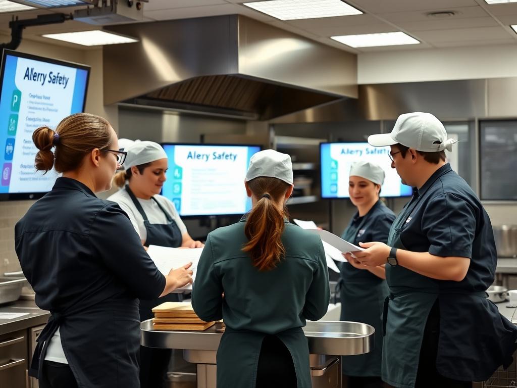 Team of kitchen staff and service employees receiving regular training, engaging with training materials or screens displaying allergy safety information, environment focusing on education and awareness, professional training atmosphere