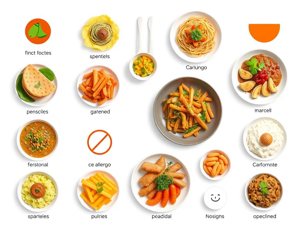Variety of dishes with allergen icons indicating food sensitivities, stylish presentation, clean and clear design, illustrating safe meal options