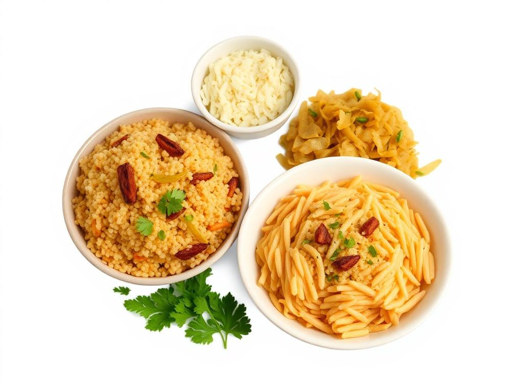 Egyptian cuisine featuring koshari, ful medames, molokhia, simple and hearty dishes, inviting and homely appearance
