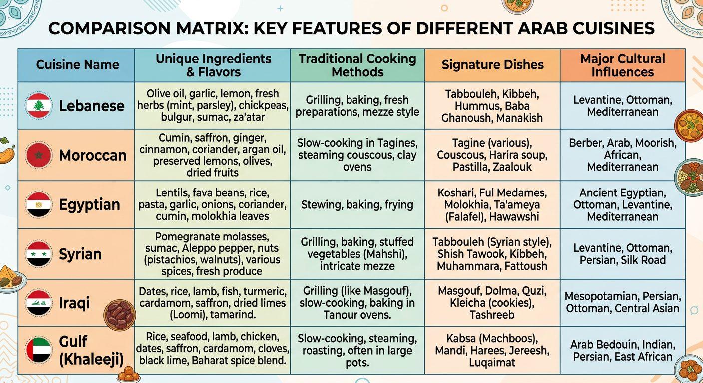 Comparison matrix table displaying the key features of different Arab cuisines: Cuisine Name (Lebanese, Moroccan, Egyptian, Syrian, Iraqi, Gulf), Unique Ingredients (Fresh vegetables, Unique spices, Traditional cooking methods, etc.), Signature Dishes (Tabbouleh, Tagine, Koshari, etc.), Cultural Influences (Global, African, etc.). Clean design, clear headers and readable font for easy comparison.