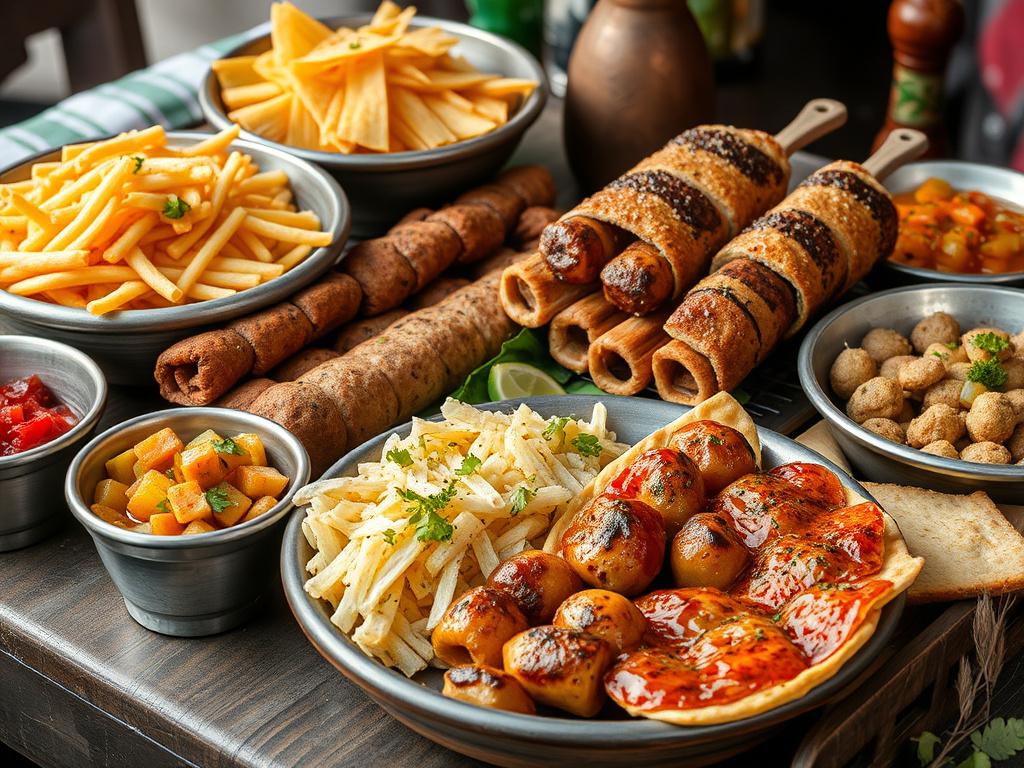 Syrian cuisine featuring mana'eesh, shawarma, kibbeh, traditional Levantine setup, vibrant and culturally rich