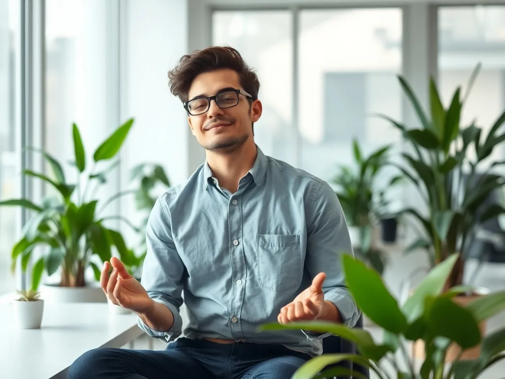 Employee taking a mindful break in peaceful office, calm environment with plants, soft lighting, photorealistic, high quality
