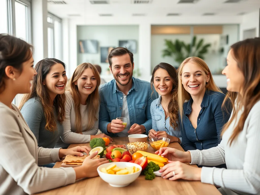 Happy team bonding around healthy snacks in office, positive interaction, high quality, professional photography, vibrant and lively atmosphere