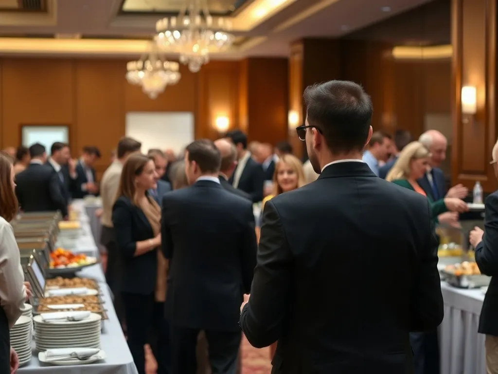 Business event with guests interacting, buffet tables in background, professional photography, warm and inviting atmosphere