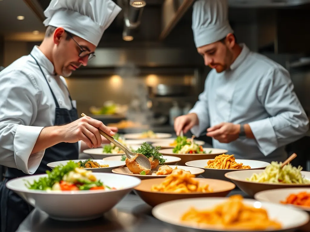 High-quality dishes being prepared by professional chefs, showcasing freshness and attention to detail, professional photography style