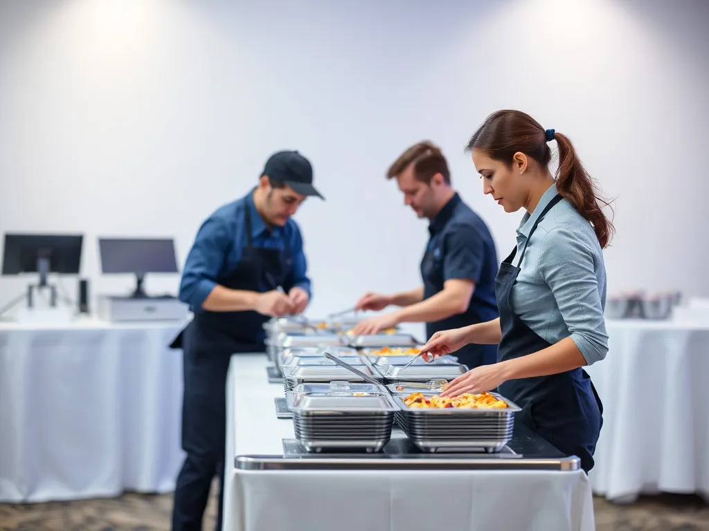 Staff quickly setting up a catering event with flexibility and professionalism, adapting to last-minute changes, clean background, dynamic scene