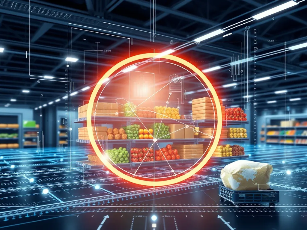 Advanced food distribution technology, featuring digital tracking systems and logistical efficiency, modern design, high tech, photorealistic