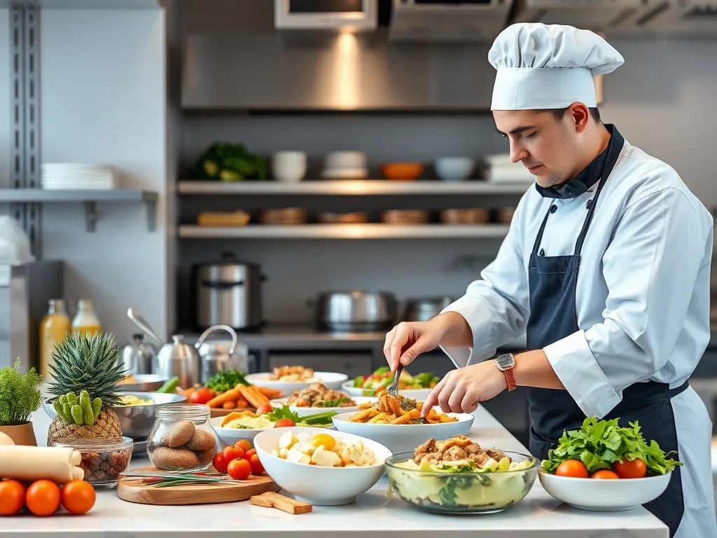 Professional chef preparing customized meals in a modern kitchen, diverse ingredients, photorealistic, high quality