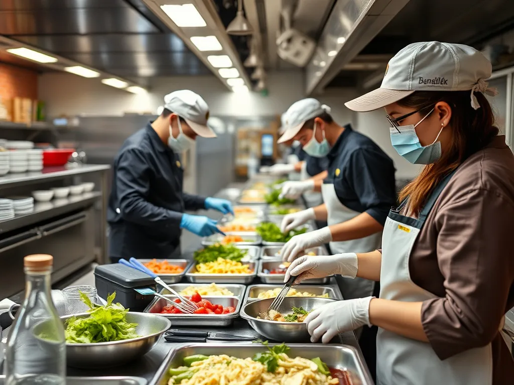Quality control process in a catering service, showing food safety inspections, professional photography, high standards, detailed