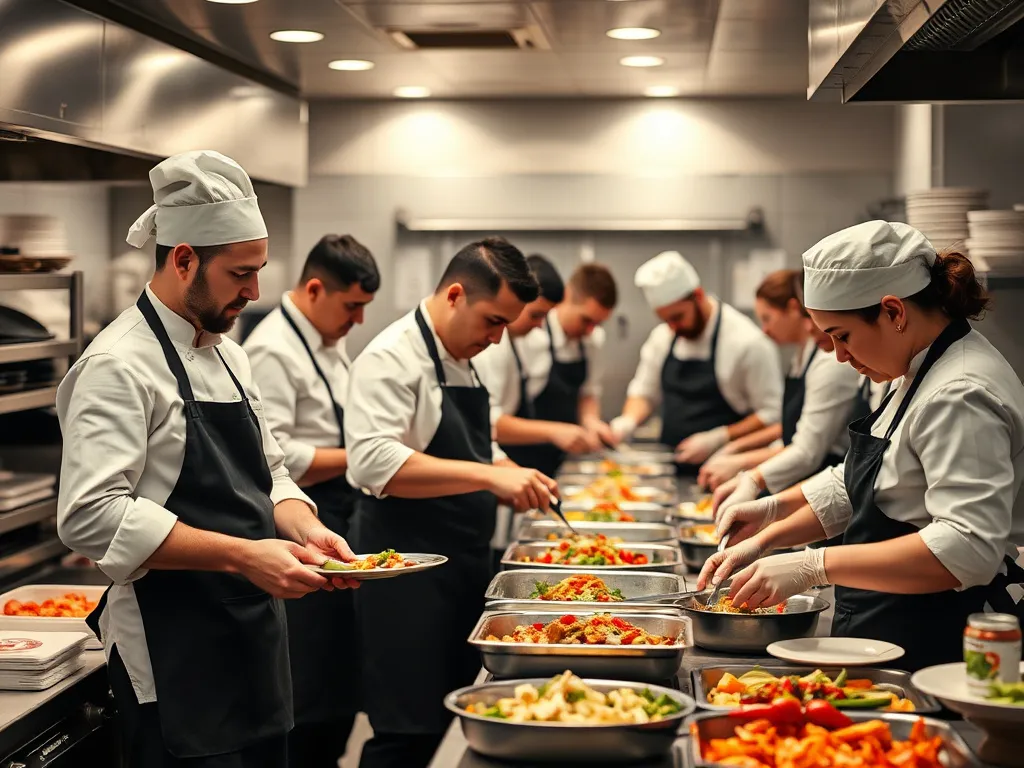 Experienced catering team in action, busy kitchen with chefs and staff efficiently preparing food, teamwork, professional setting, photorealistic
