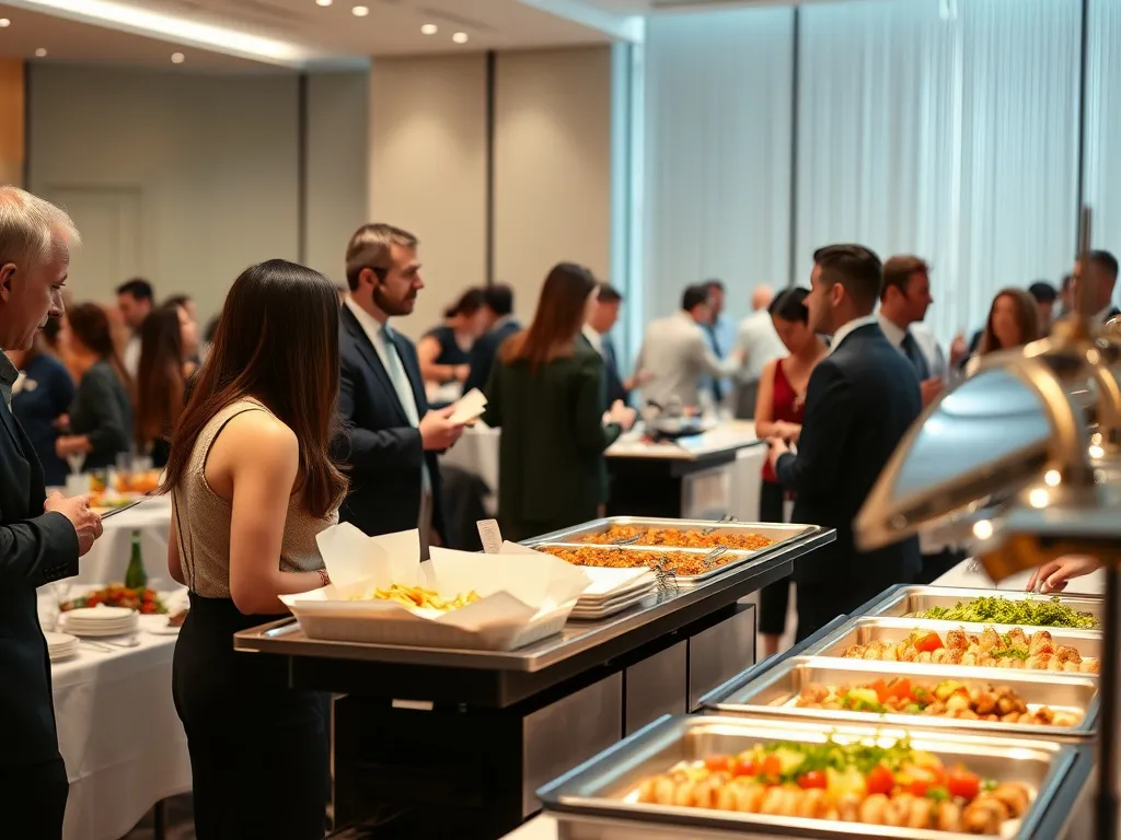 Corporate event dining with buffet service, colleagues conversing around buffet table, informal yet celebratory atmosphere, professional gathering, high-quality lighting and composition