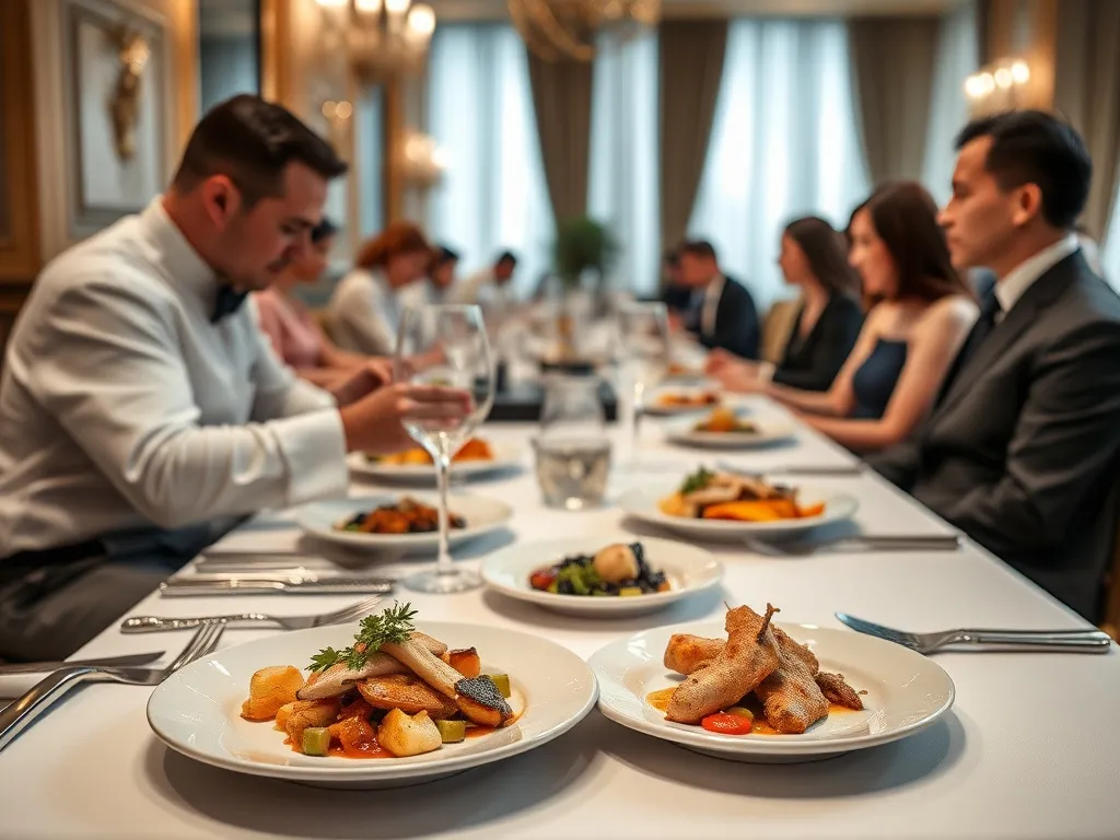 Sophisticated plated service with elegant table setting, chef-prepared meals served to seated guests, luxurious and refined ambiance, artistic meal presentation, professional photography style