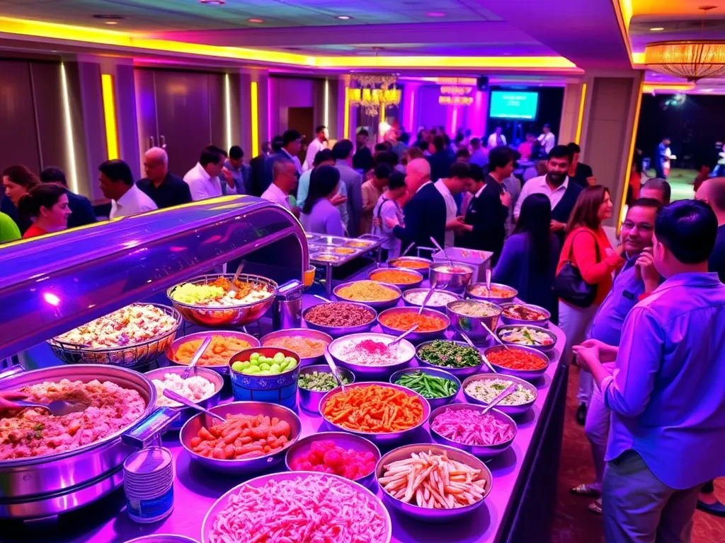 Vibrant buffet setup with diverse dishes and guests mingling, colorful and interactive atmosphere, professional lighting, clean and organized presentation