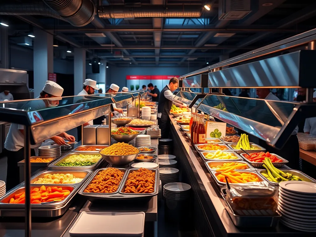 Buffet and live cooking stations at a worksite, featuring chefs preparing meals, non-alcoholic beverage service setup, dynamic environment, high quality, professional lighting