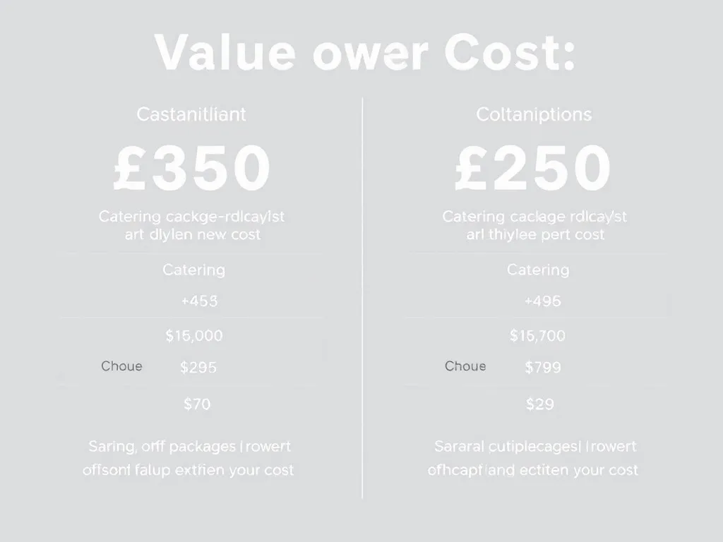 Comparative image showing different catering cost packages with value additions, clean infographic style, high quality, professional lighting emphasizing value over cost