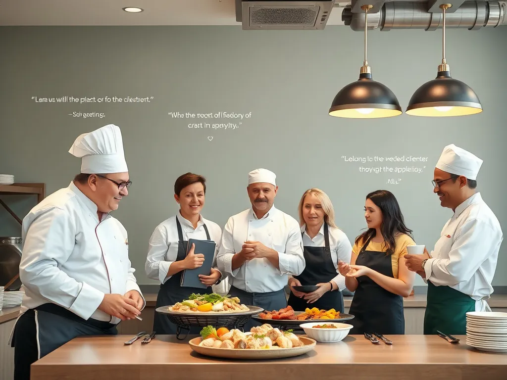 Image depicting a professional catering company with chefs and staff showing reputation, great client interactions, and testimonials, photorealistic, high quality, clean and welcoming atmosphere