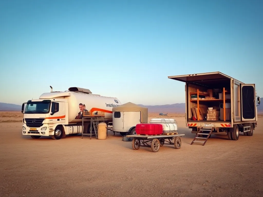 Remote worksite with catering logistics setup, showcasing transportation and meal delivery equipment, emphasizing logistical capability in remote settings, high quality, professional photography