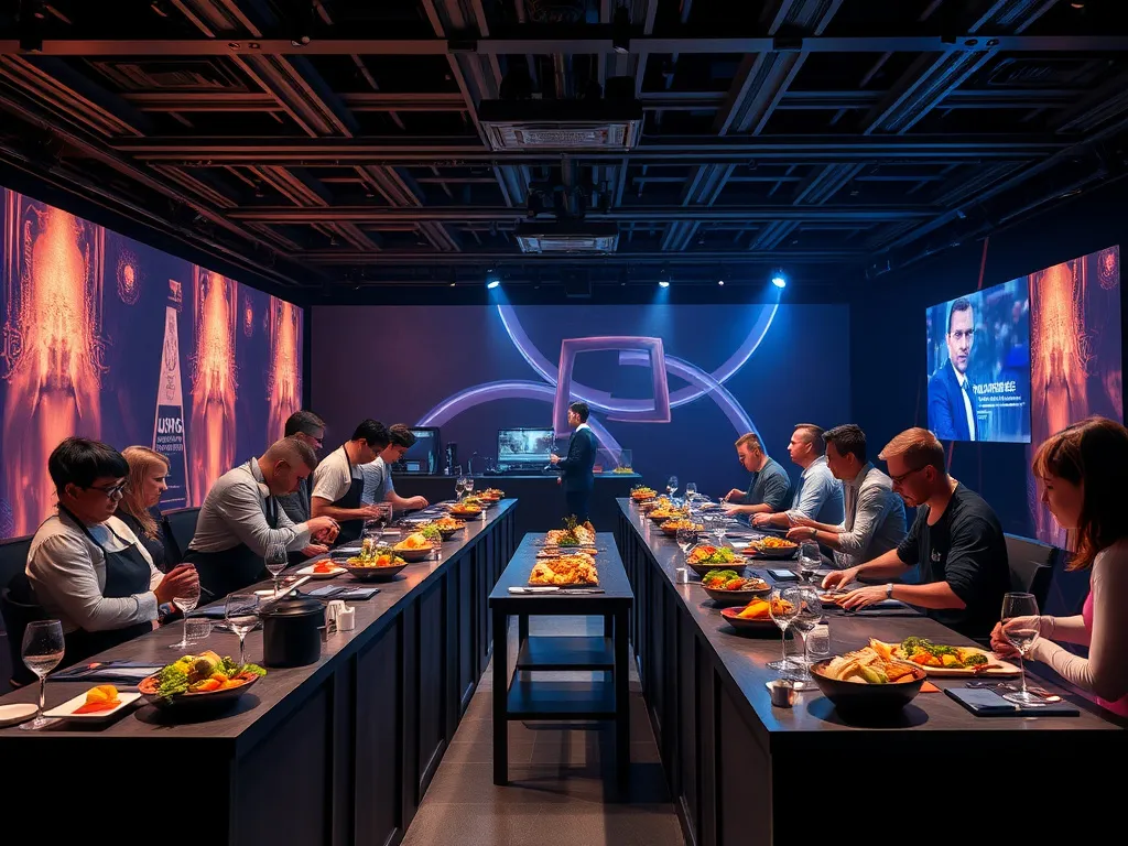 Innovative corporate conference setting with live cooking demonstrations, diverse culinary presentations, expert drink pairings, capturing modern and creative atmosphere, futuristic aesthetic
