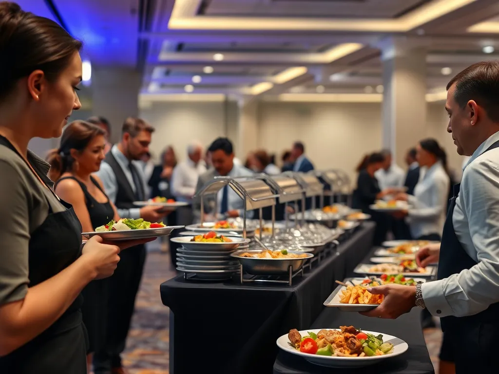 Seamless corporate event setting with professional caterers serving high-quality food, relaxed yet formal environment, emphasis on timing and precise service