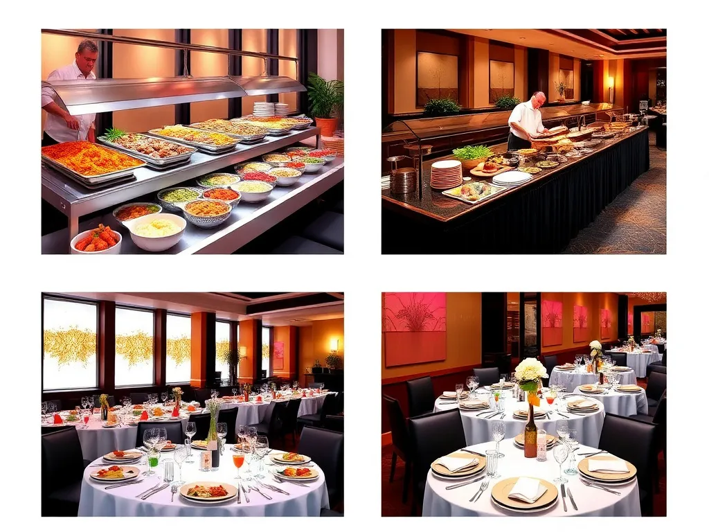Stylized display of corporate catering options: buffet setup with various dishes, chefs at live cooking stations, plated service on elegant tables, vibrant and engaging atmosphere