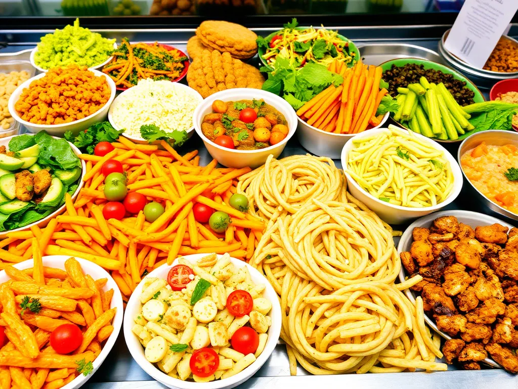 Assorted healthy dishes on a catering display, appealing presentation, variety of foods including vegetarian and gluten-free options, professional catering layout, detailed and colorful