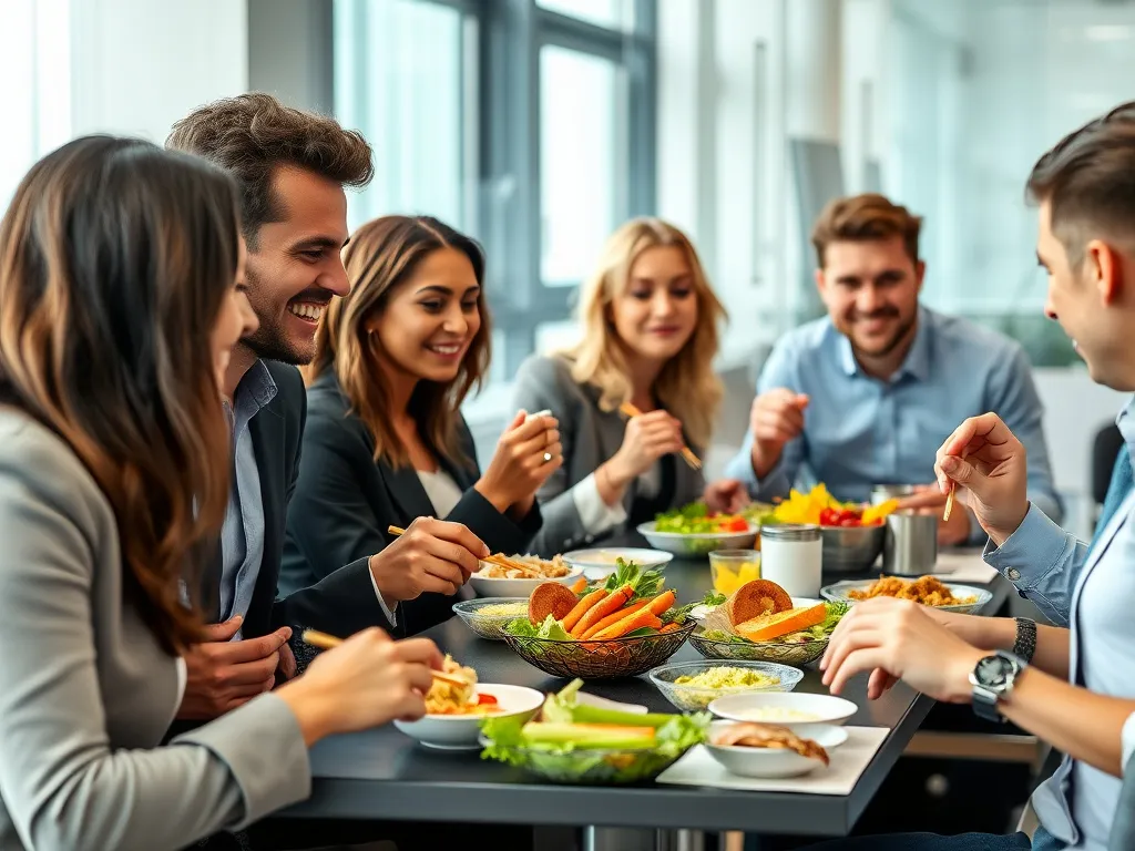 Professional business setting with employees eating nutritious meals, vibrant and engaging, focus on diverse employee group enjoying lunch, photorealistic, corporate environment