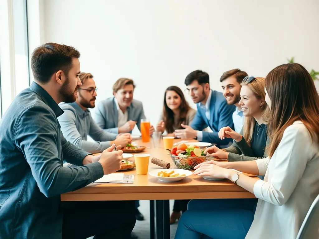 Employees from different departments interacting and brainstorming over lunch, relaxed and creative atmosphere, diverse group, focus on collaboration and communication