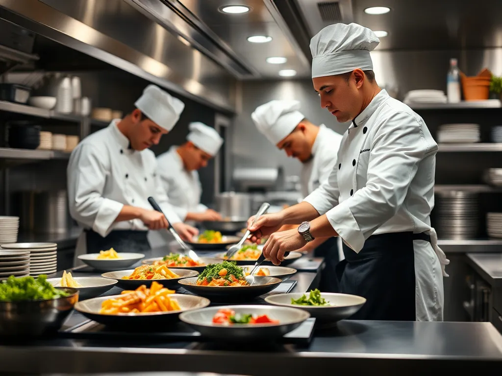 Professional kitchen staff preparing gourmet meals at a live cooking station, efficient and organized, modern kitchen equipment, high quality image, focus on chefs at work
